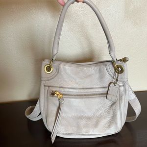 Fossil Karli Hobo Crossbody Purse. Grey leather with gold accent pieces.